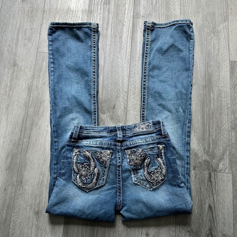 Y2K Miss Me Blue Horseshoe Embellished lowrise Bootcut Jeans Women's Size 27